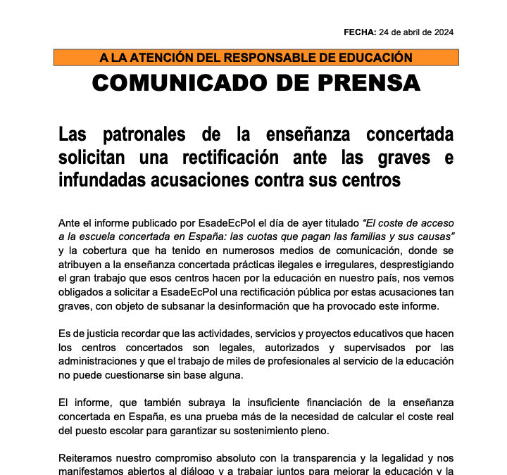 La FEyE se une al comunicado de Escuelas Católicas en defensa del prestigio de la educación concertada